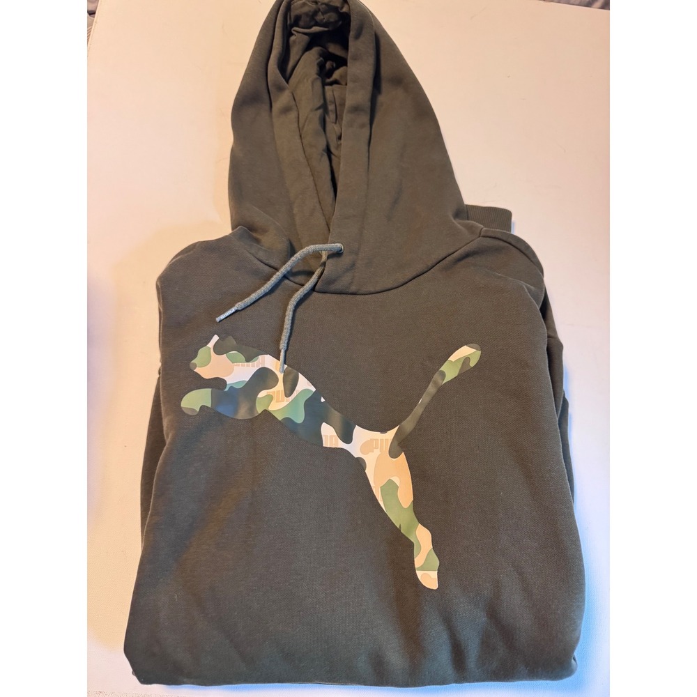 Puma Olive Green Hoodie Kangaroo Pockets Camo Logo Large
